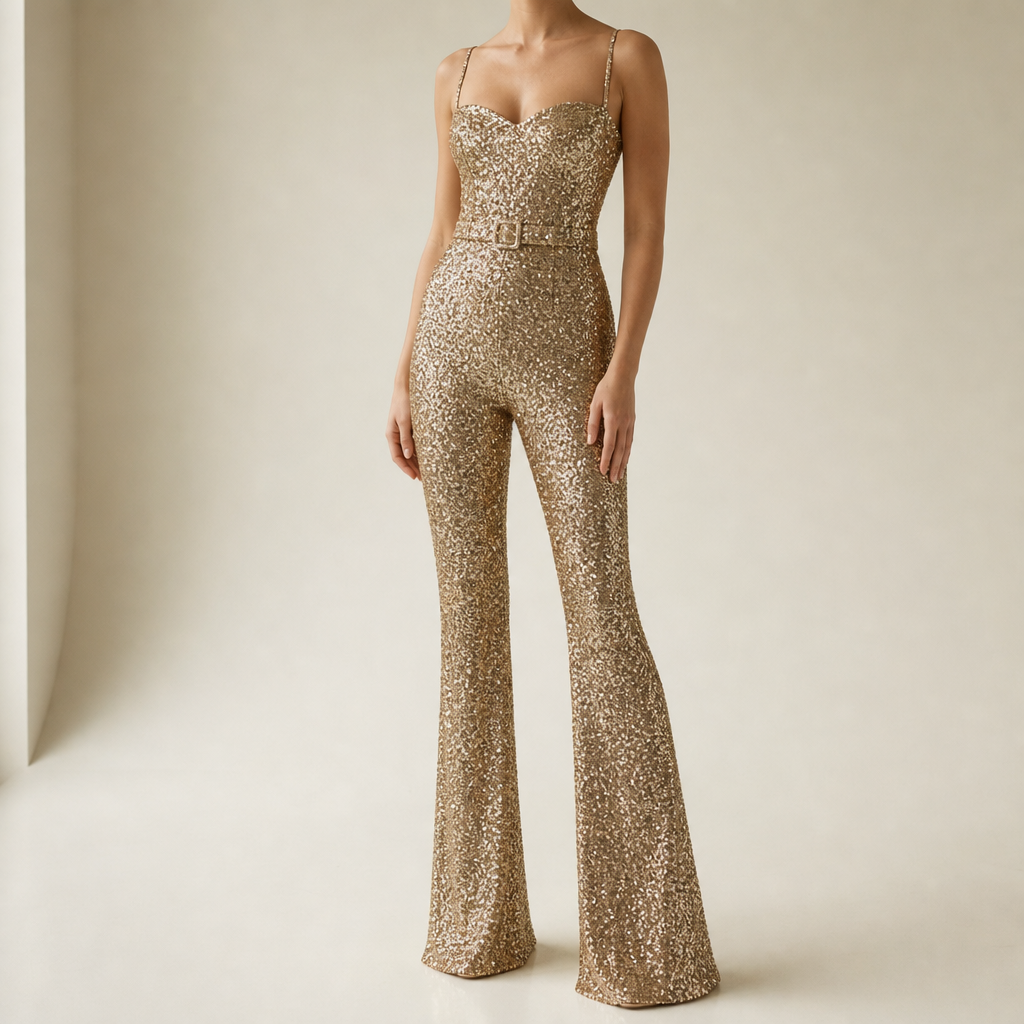 Women's Sequin Flared Jumpsuit with Belted Waist