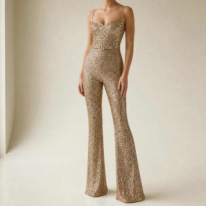 Women's Sequin Flared Jumpsuit with Belted Waist
