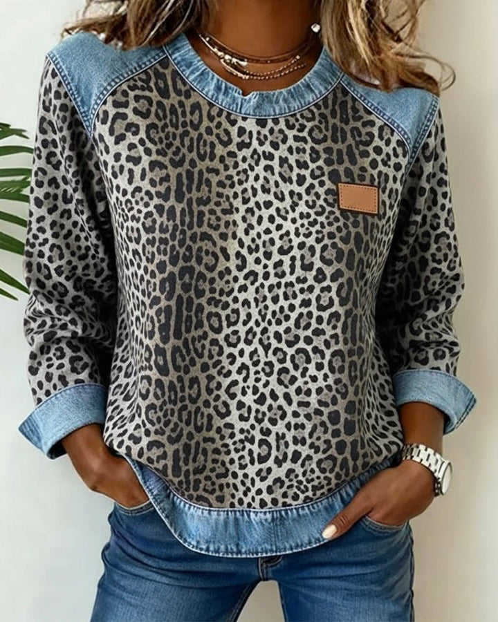 Women's Leopard Print Crew Neck Sweater with Denim Panels