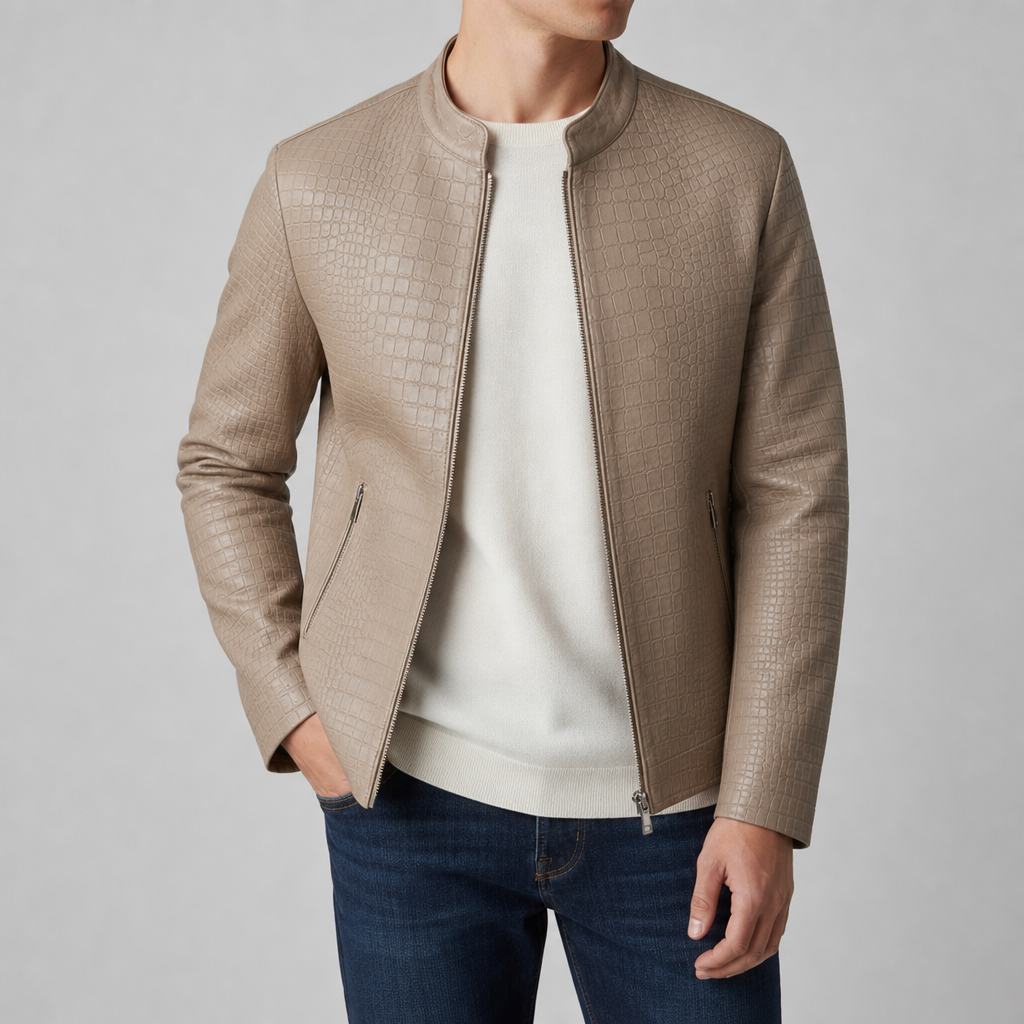 Men's Croc Embossed Biker Jacket with Stand Collar