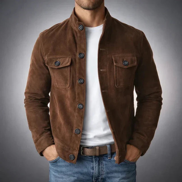 Men's Suede Jacket with Chest Flap Pockets
