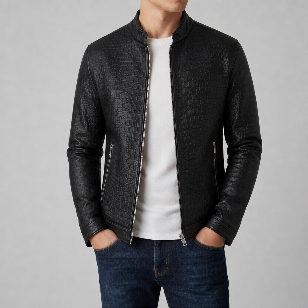 Men's Croc Embossed Biker Jacket with Stand Collar