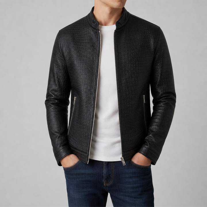 Men's Croc Embossed Biker Jacket with Stand Collar