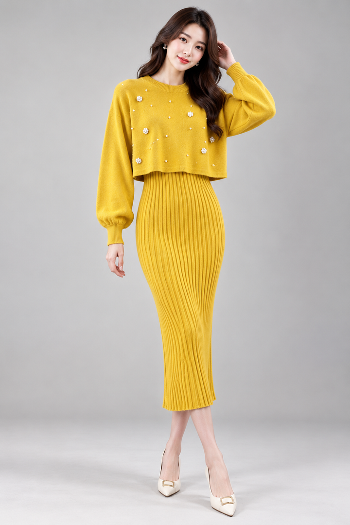 Women's Pearl Embellished Knit Two-Piece Dress Set