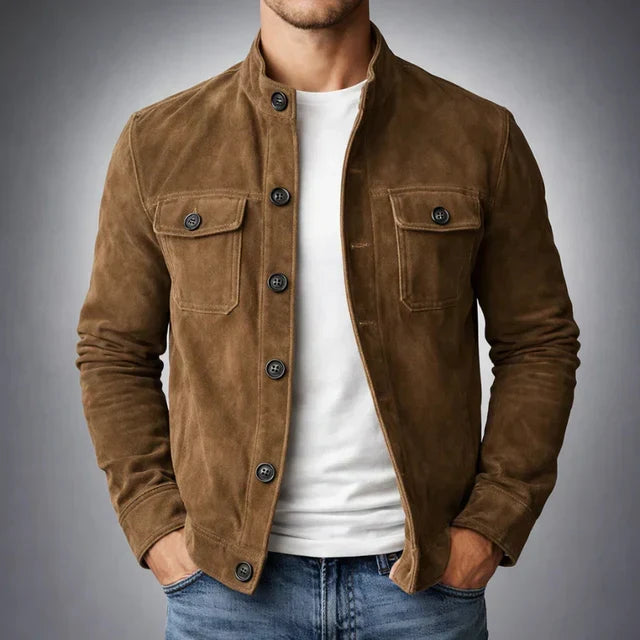 Men's Suede Jacket with Chest Flap Pockets