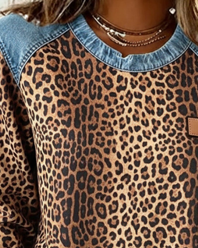 Women's Leopard Print Crew Neck Sweater with Denim Panels