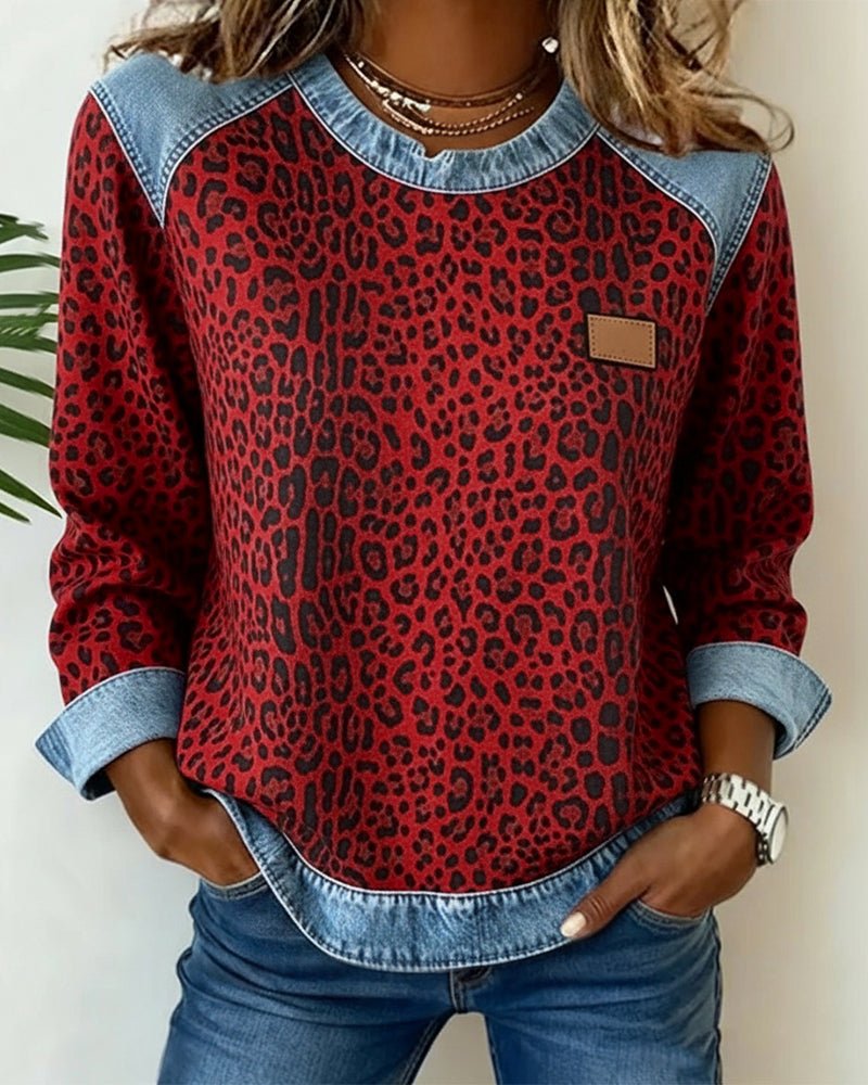 Women's Leopard Print Crew Neck Sweater with Denim Panels