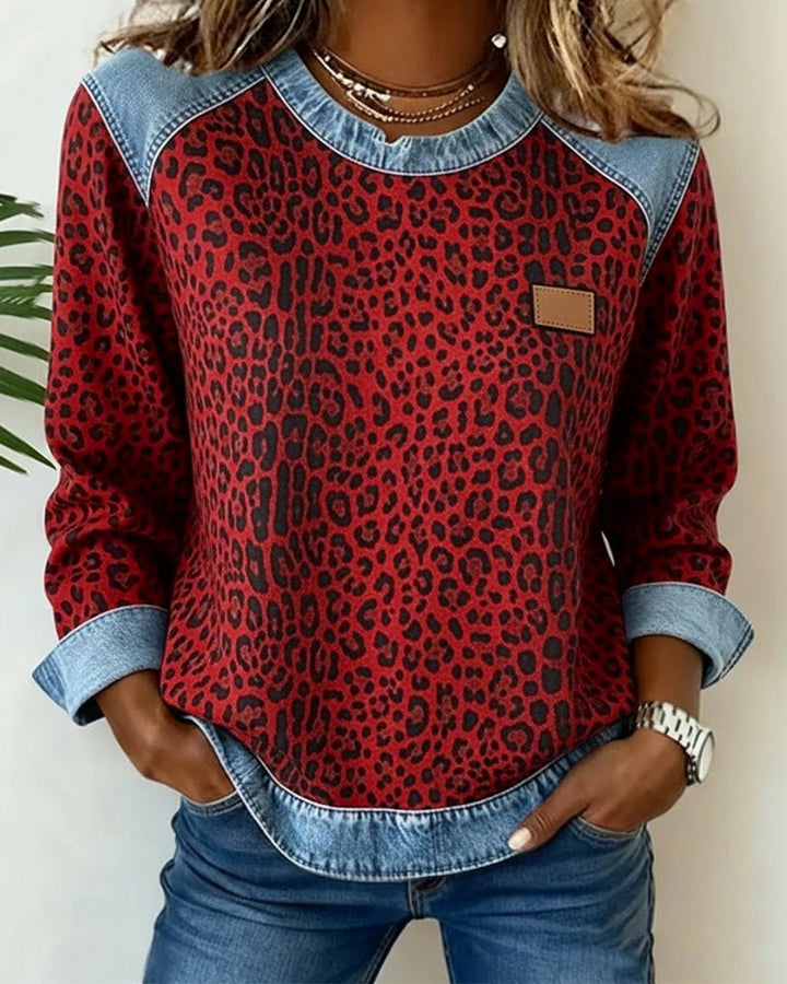 Women's Leopard Print Crew Neck Sweater with Denim Panels