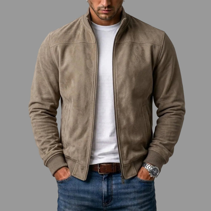 Men's Suede Bomber Jacket with Ribbed Cuffs
