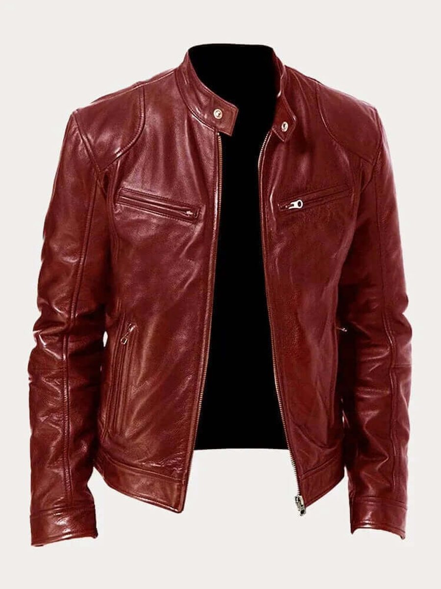 Men's Biker Jacket with Stand Collar and Zip Pockets