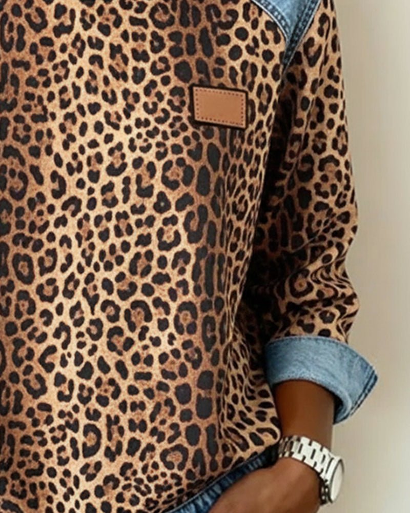 Women's Leopard Print Crew Neck Sweater with Denim Panels