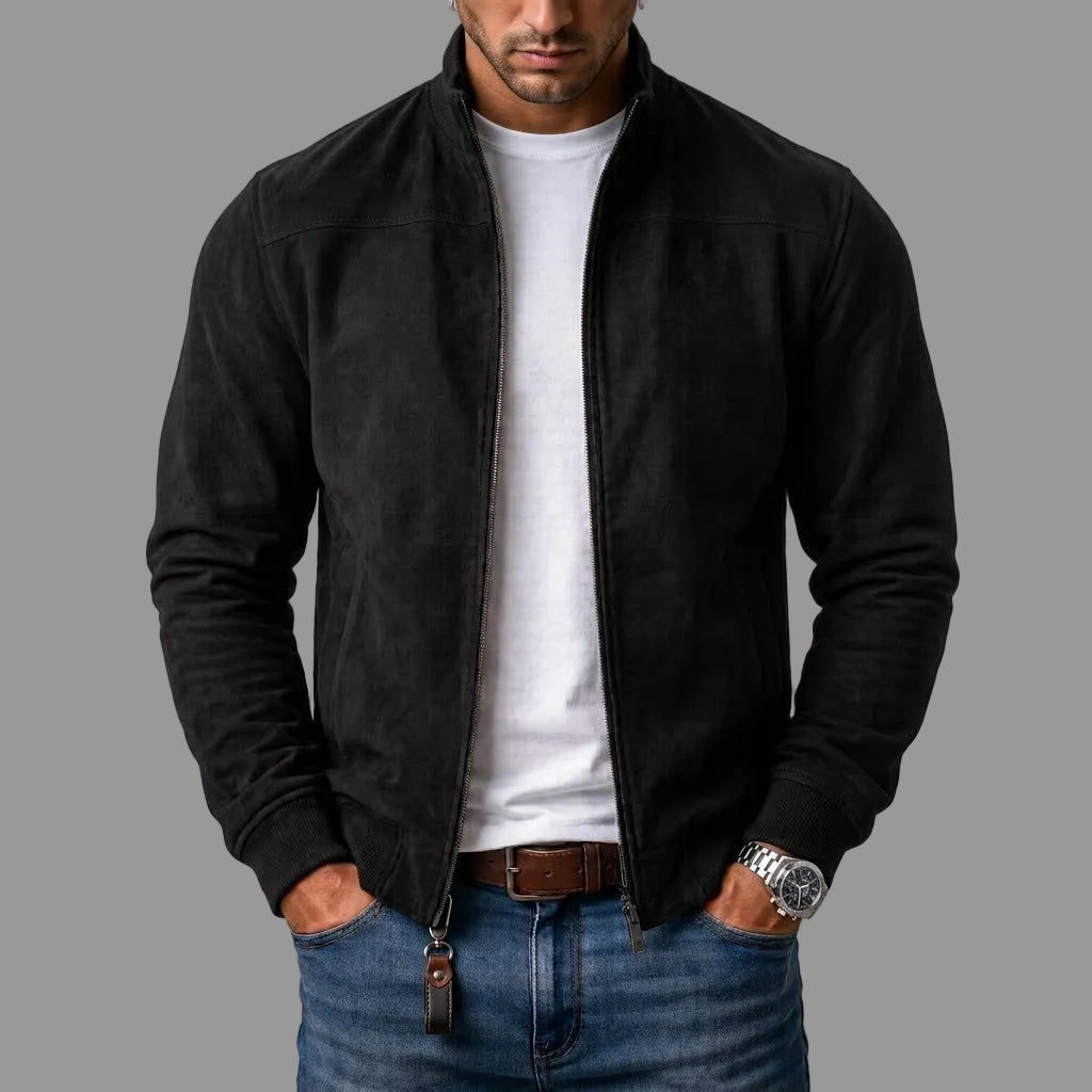 Men's Suede Bomber Jacket with Ribbed Cuffs