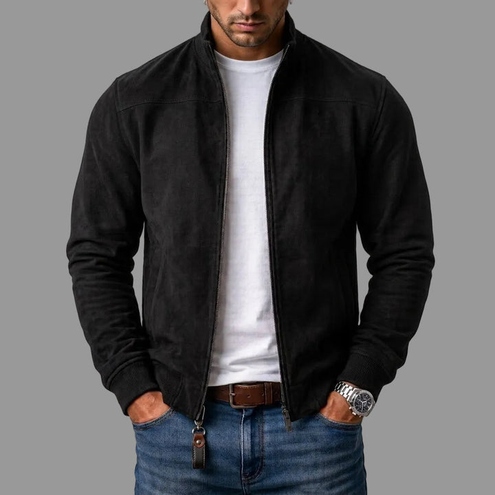 Men's Suede Bomber Jacket with Ribbed Cuffs