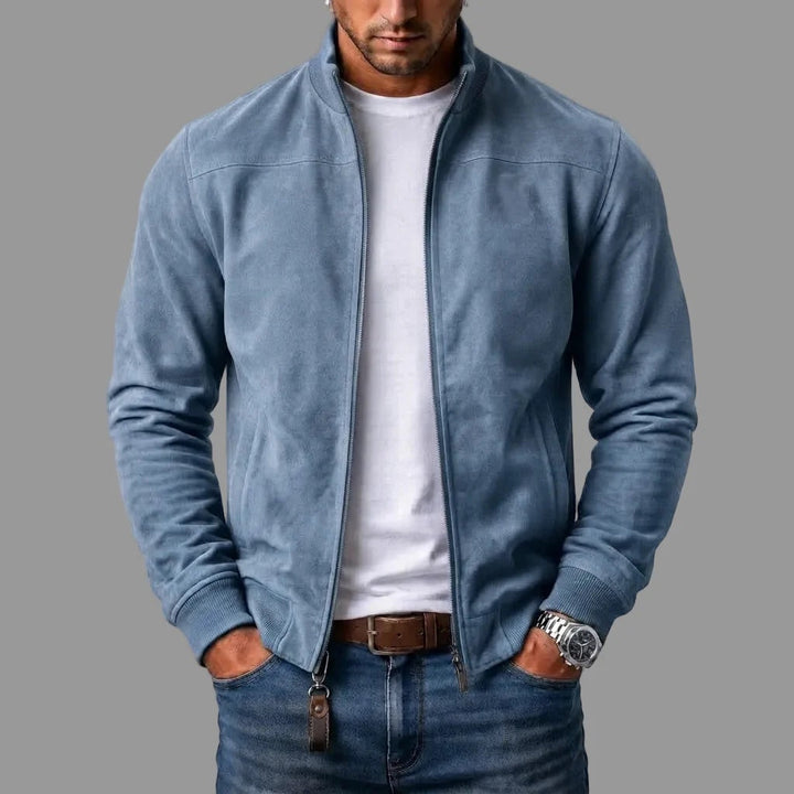 Men's Suede Bomber Jacket with Ribbed Cuffs