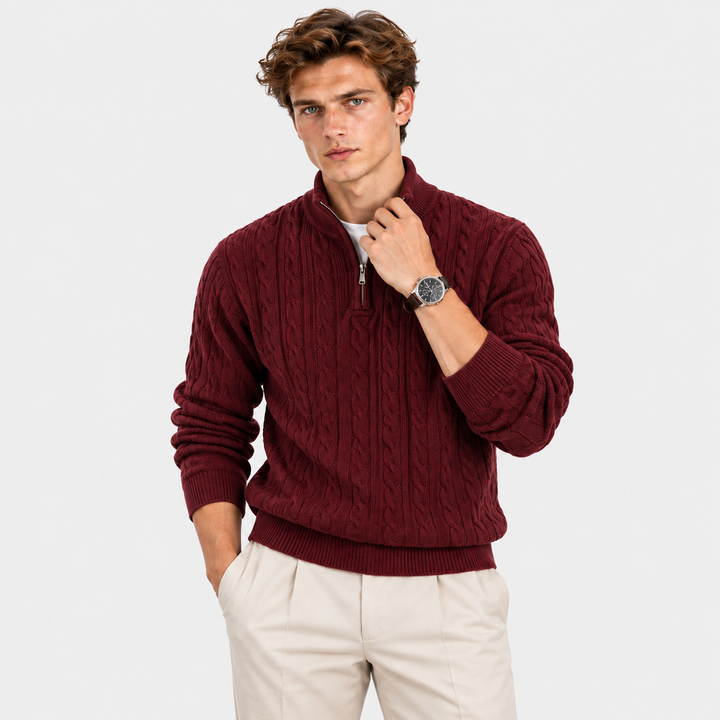 Men's Cable Knit Quarter-Zip Sweater with Ribbed Collar