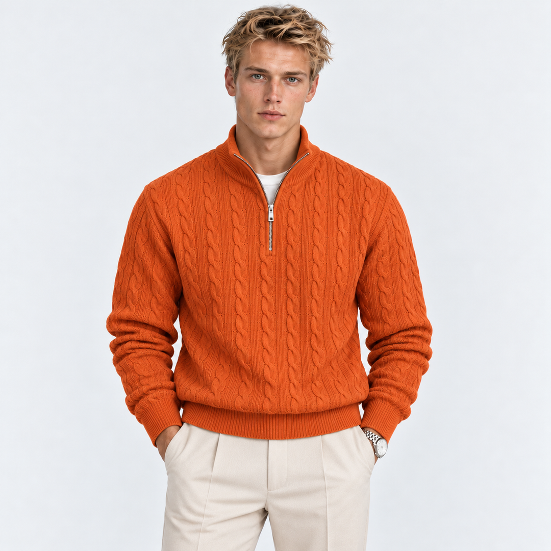 Men's Cable Knit Quarter-Zip Sweater with Ribbed Collar