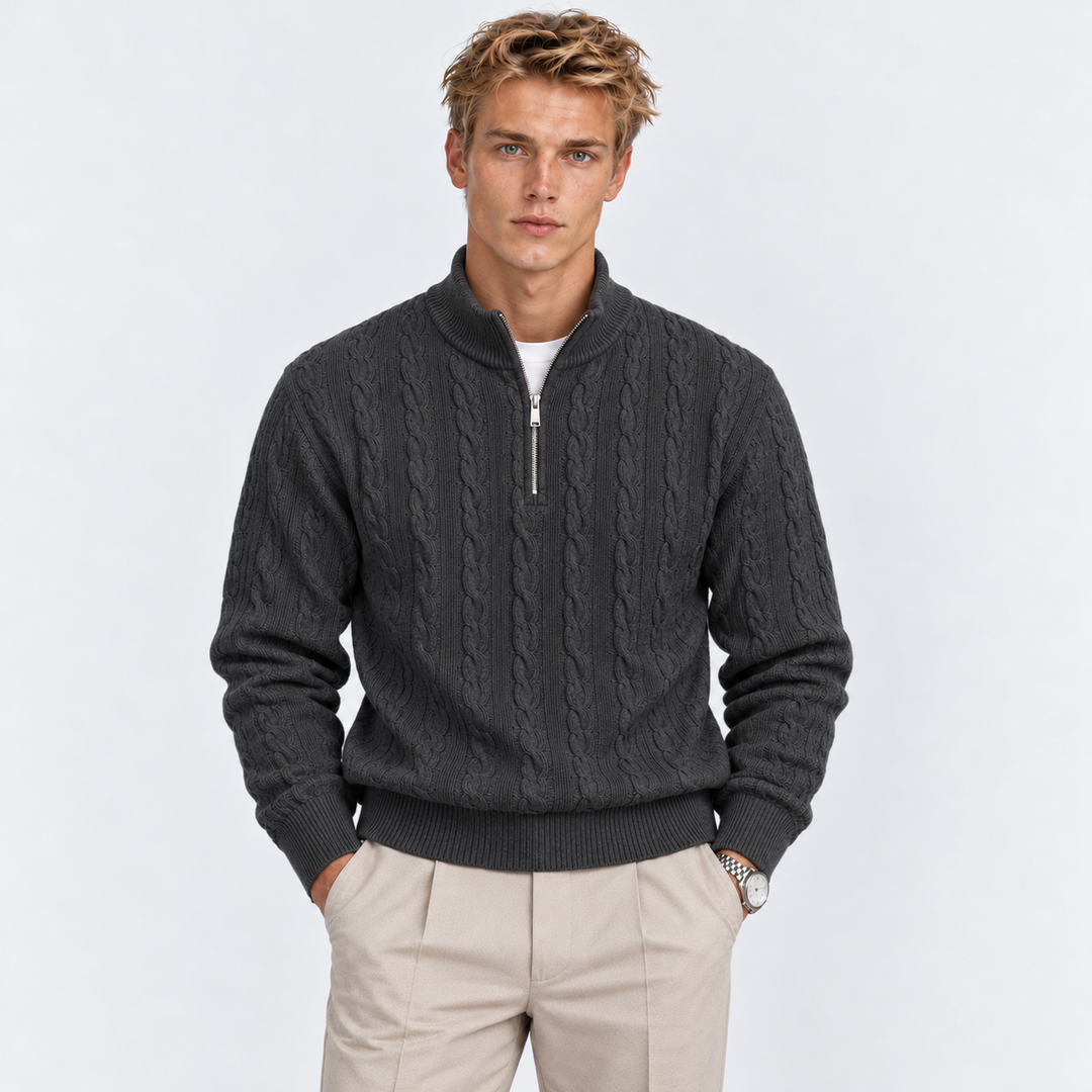 Men's Cable Knit Quarter-Zip Sweater with Ribbed Collar