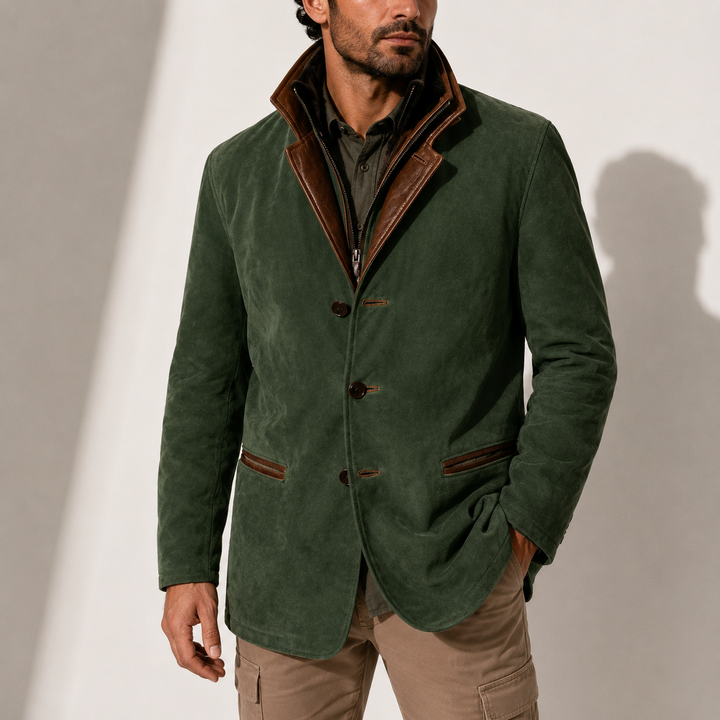 Men's Suede-Look Jacket with Contrasting Stand Collar