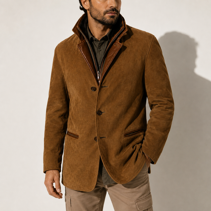 Men's Suede-Look Jacket with Contrasting Stand Collar