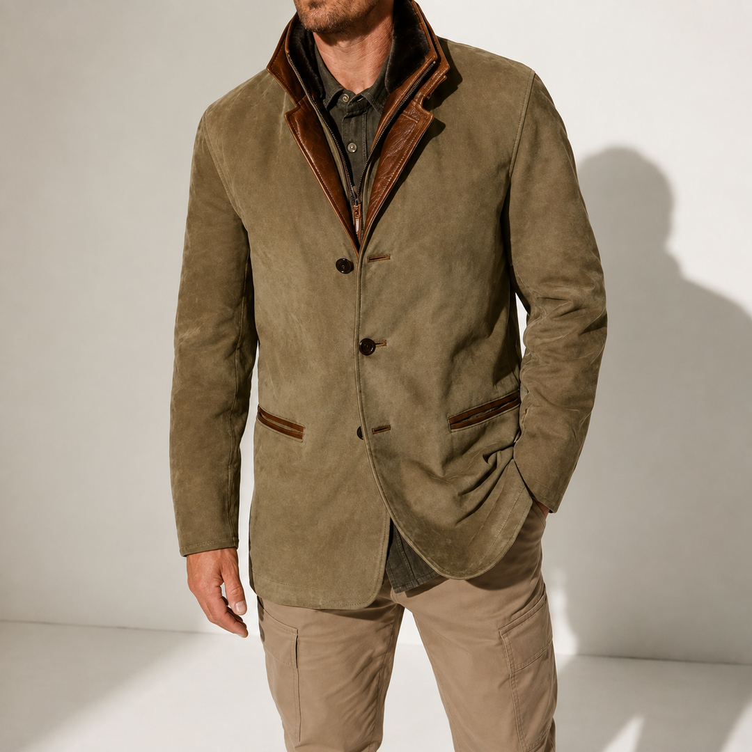 Men's Suede-Look Jacket with Contrasting Stand Collar