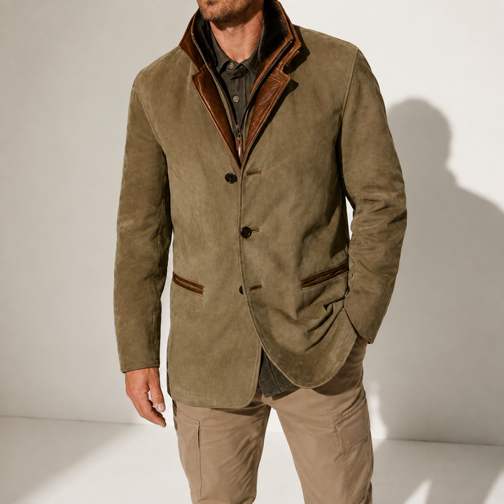 Men's Suede-Look Jacket with Contrasting Stand Collar