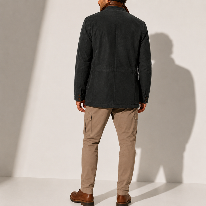 Men's Suede-Look Jacket with Contrasting Stand Collar