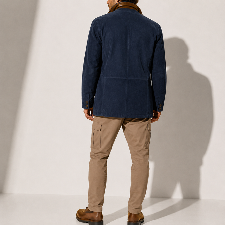 Men's Suede-Look Jacket with Contrasting Stand Collar