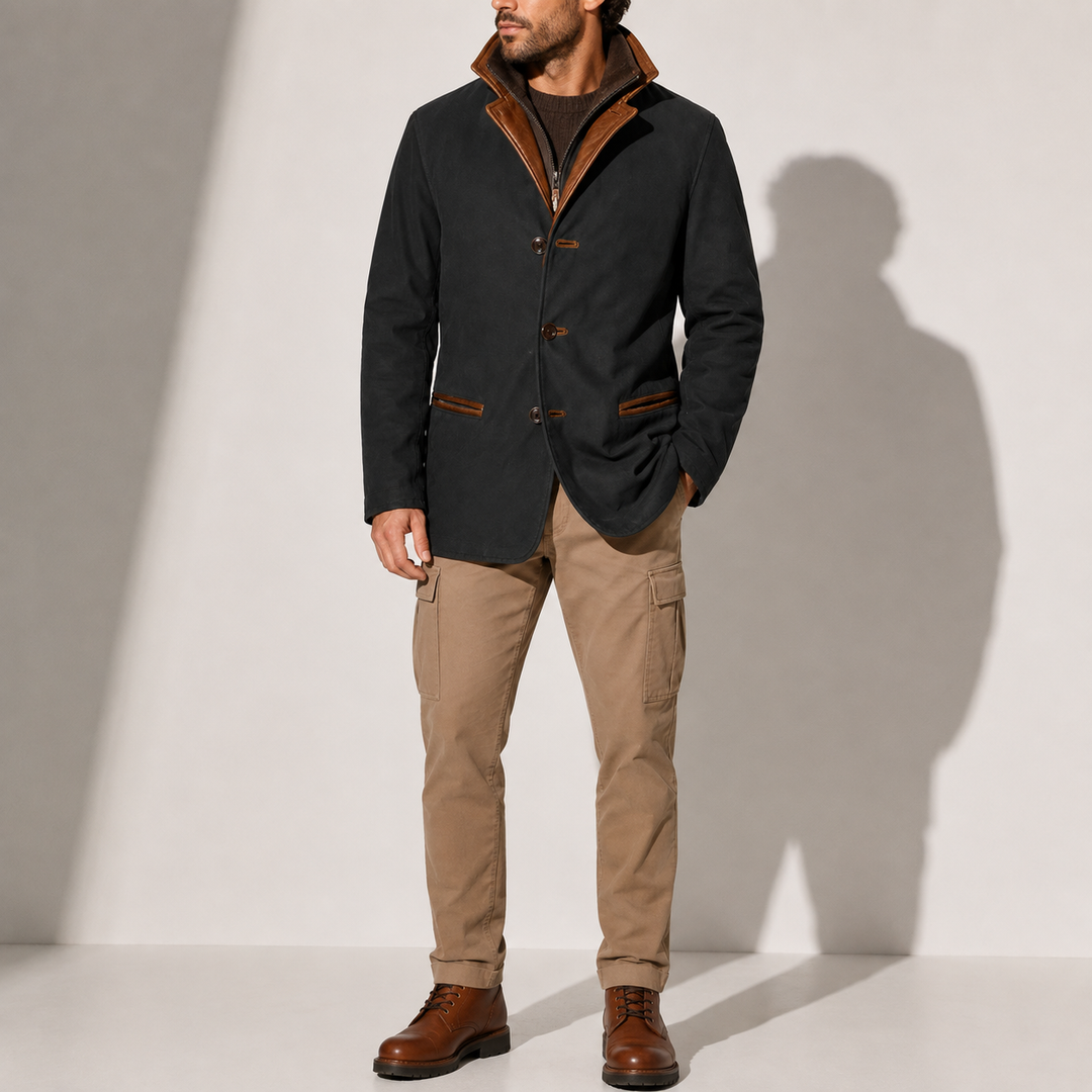 Men's Suede-Look Jacket with Contrasting Stand Collar