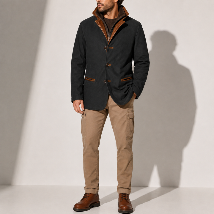 Men's Suede-Look Jacket with Contrasting Stand Collar