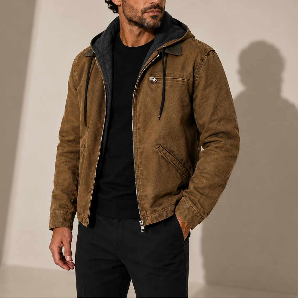 Men's Fleece-Lined Hooded Jacket with Full Zip Closure