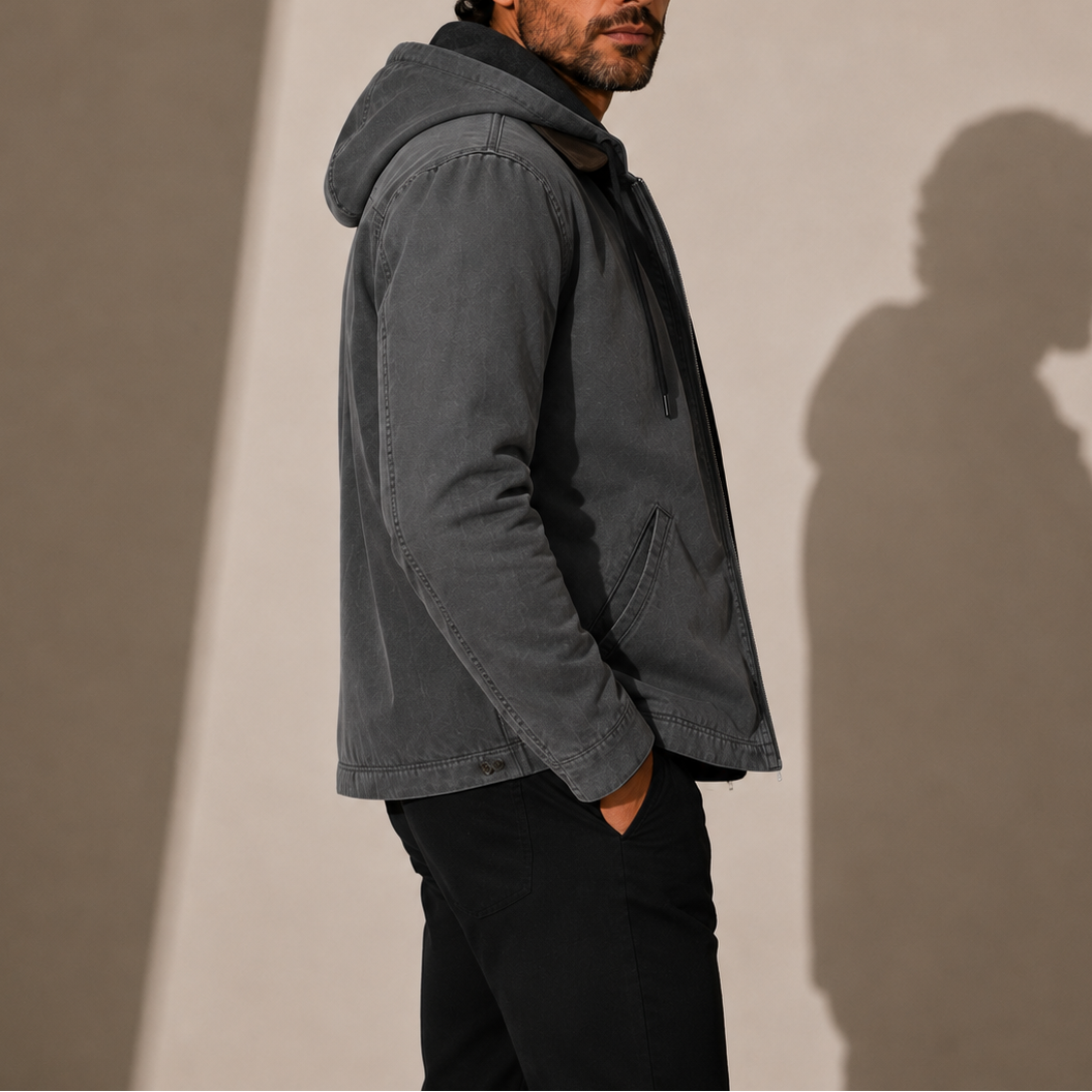 Men's Fleece-Lined Hooded Jacket with Full Zip Closure