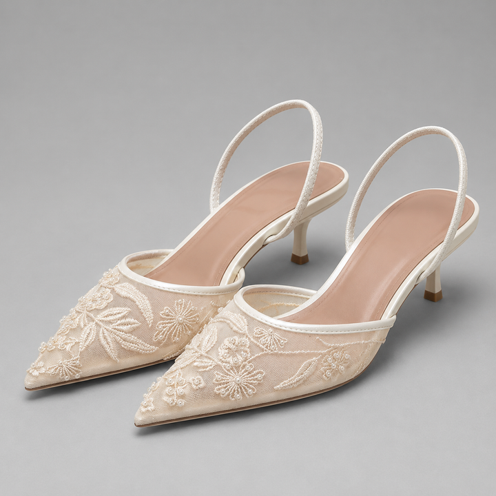 Women's Embroidered Mesh Kitten Heel Slingbacks