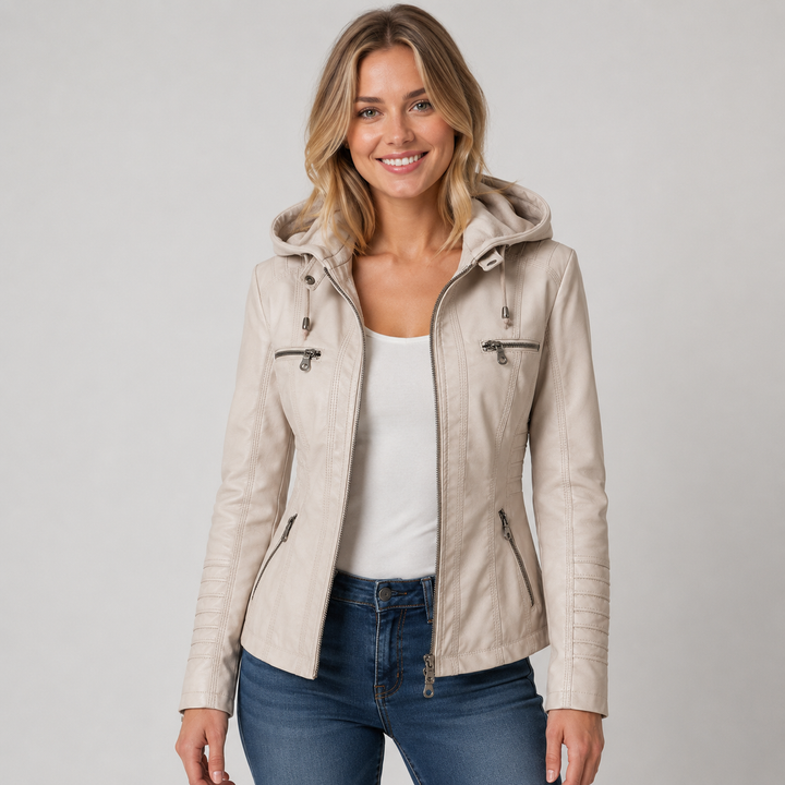 Women's Biker Jacket with Detachable Hood and Zip Front