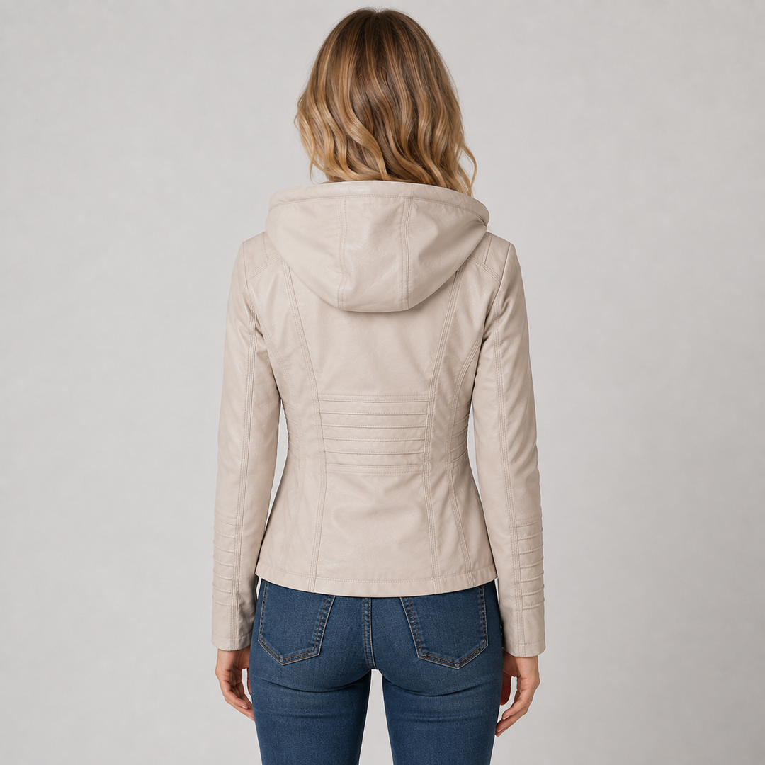 Women's Biker Jacket with Detachable Hood and Zip Front