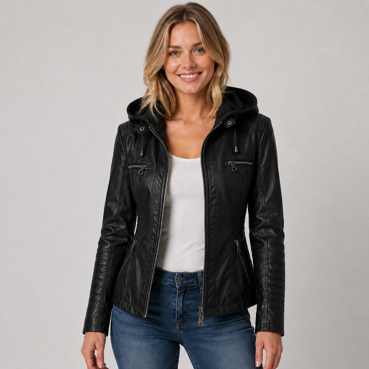 Women's Biker Jacket with Detachable Hood and Zip Front