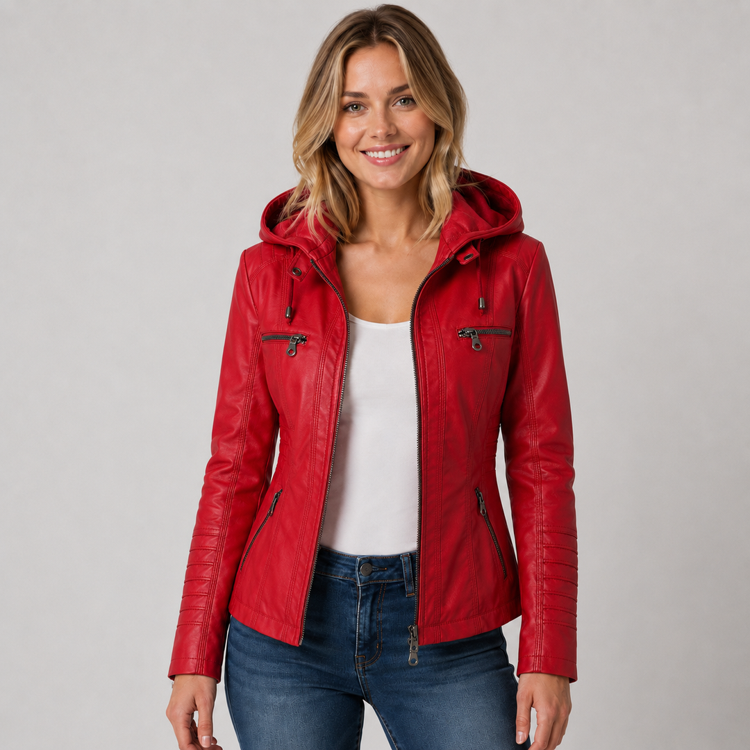 Women's Biker Jacket with Detachable Hood and Zip Front