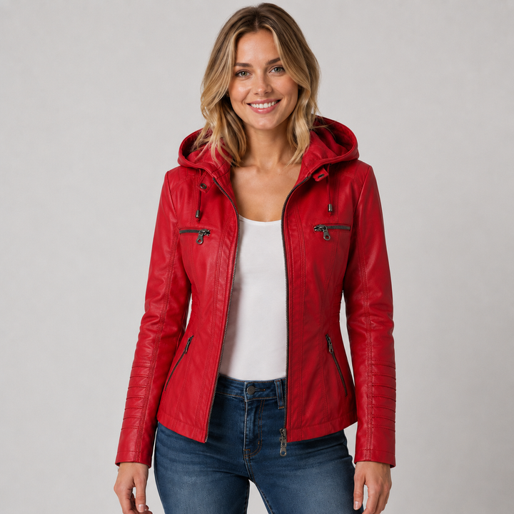 Women's Biker Jacket with Detachable Hood and Zip Front