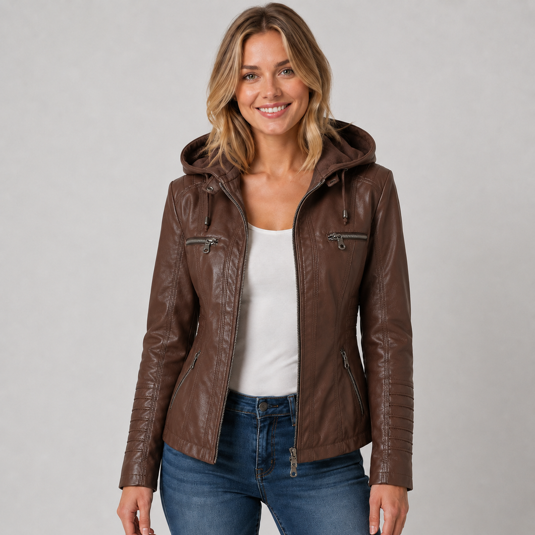 Women's Biker Jacket with Detachable Hood and Zip Front