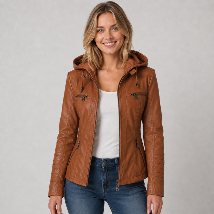 Women's Biker Jacket with Detachable Hood and Zip Front