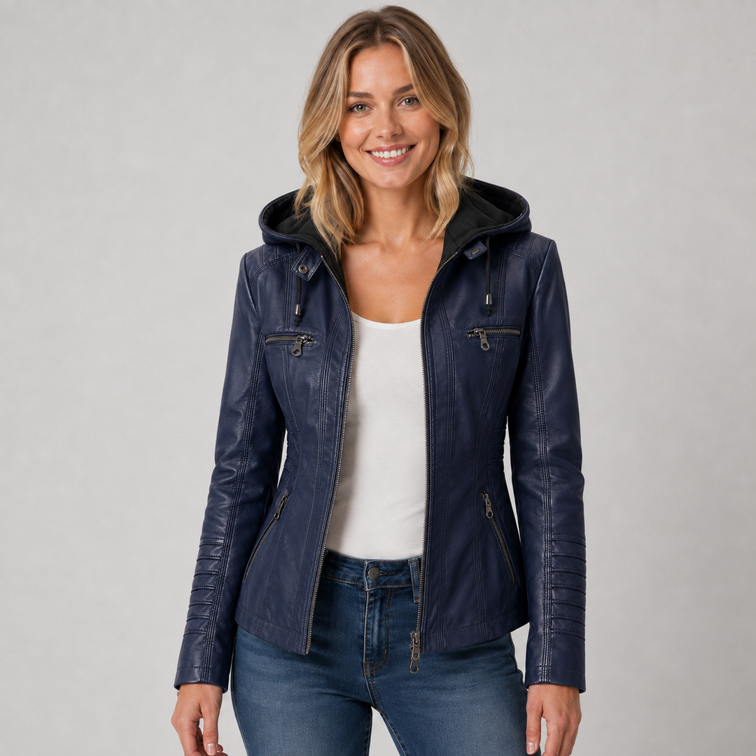 Women's Biker Jacket with Detachable Hood and Zip Front