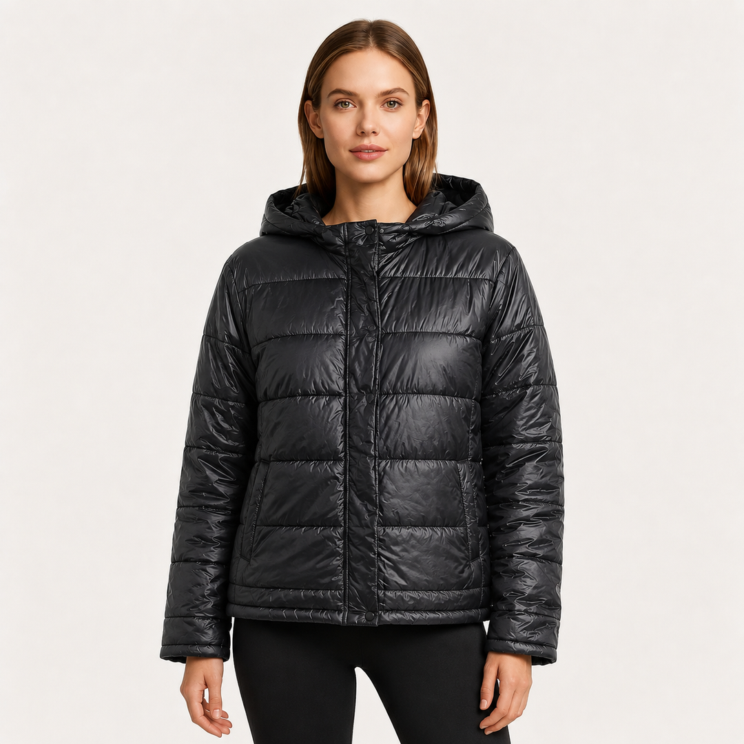 Women's Glossy Puffer Jacket with Hood in Oversized Fit