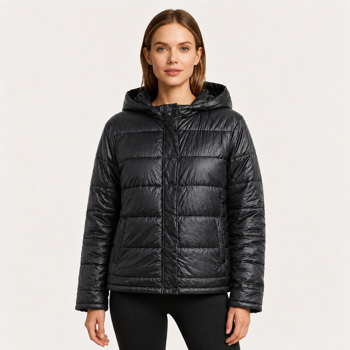Women's Glossy Puffer Jacket with Hood in Oversized Fit