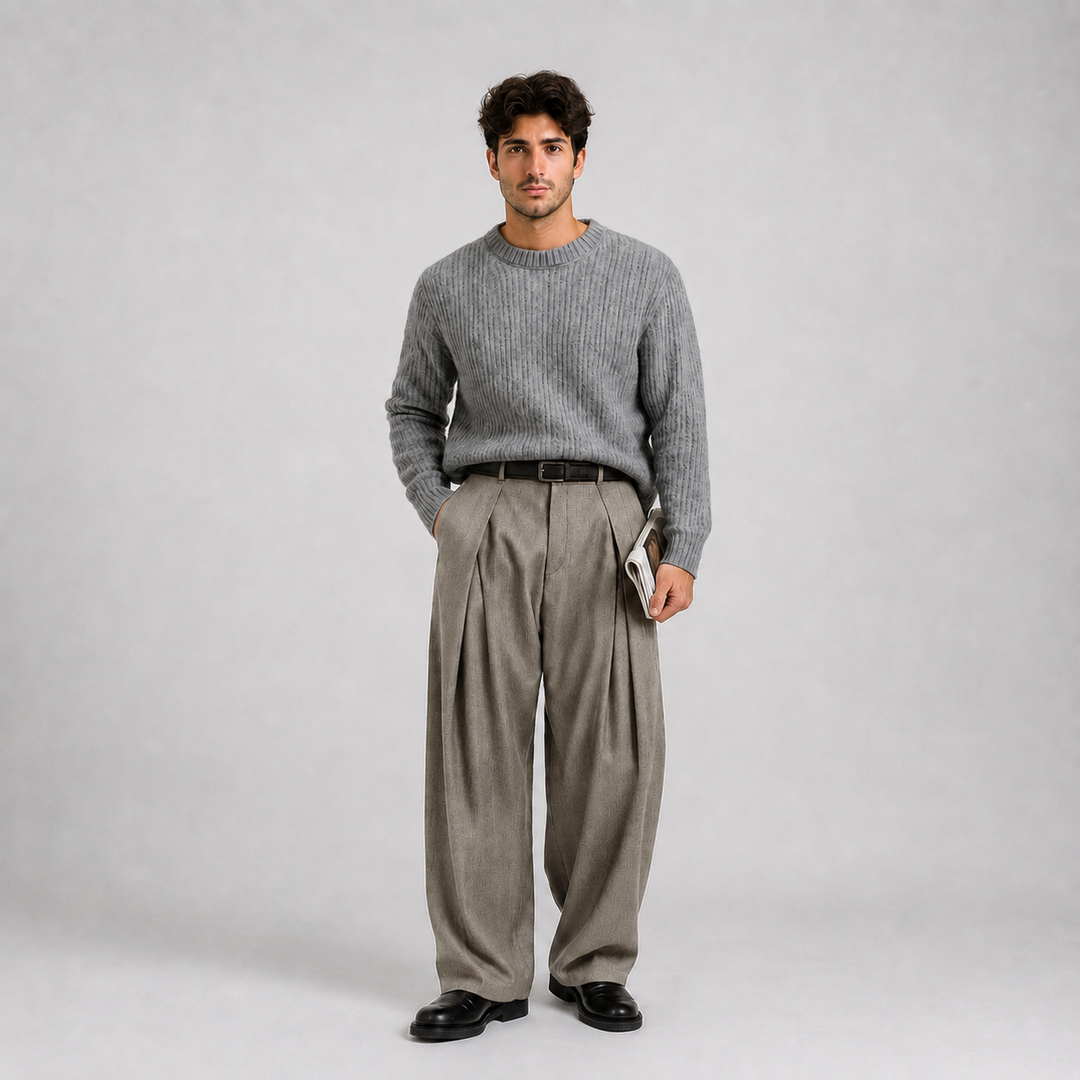 Men's Wide Leg Trousers with Double Front Pleats