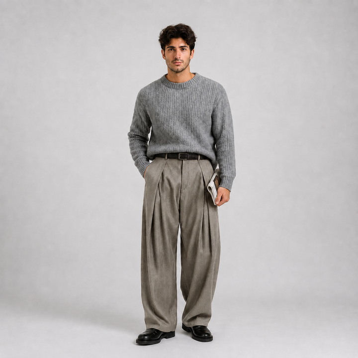 Men's Wide Leg Trousers with Double Front Pleats