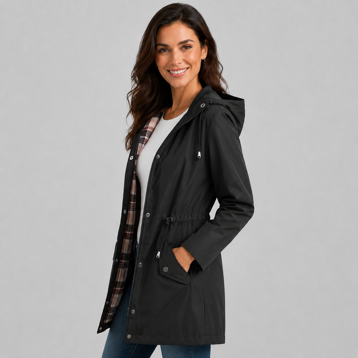 Women's Hooded Rain Jacket with Check Print Lining