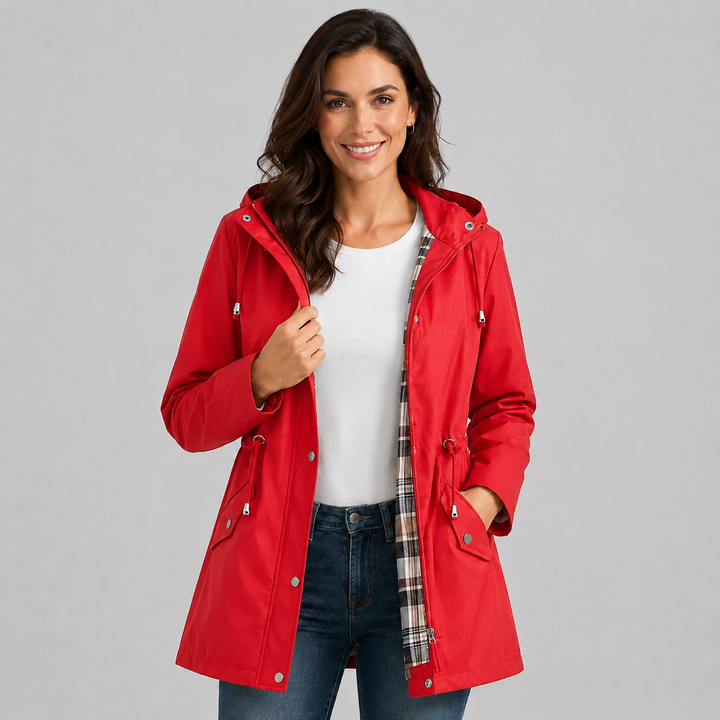 Women's Hooded Rain Jacket with Check Print Lining