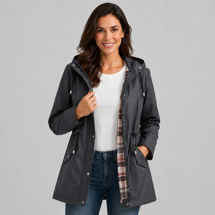 Women's Hooded Rain Jacket with Check Print Lining