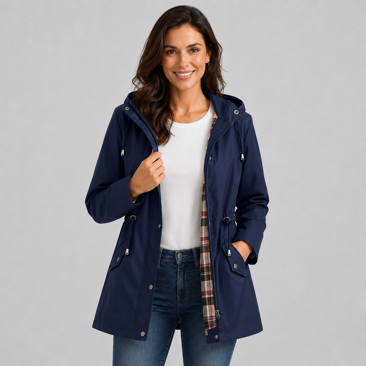 Women's Hooded Rain Jacket with Check Print Lining