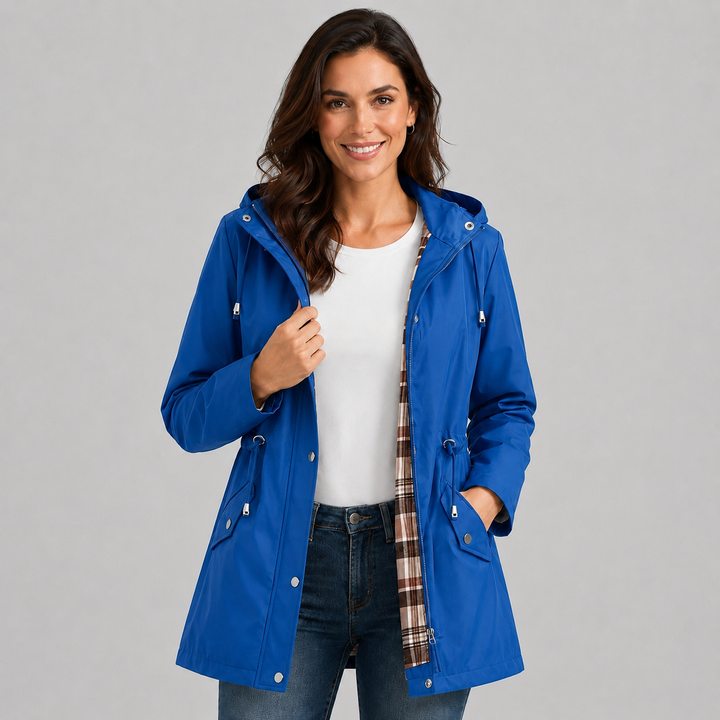 Women's Hooded Rain Jacket with Check Print Lining