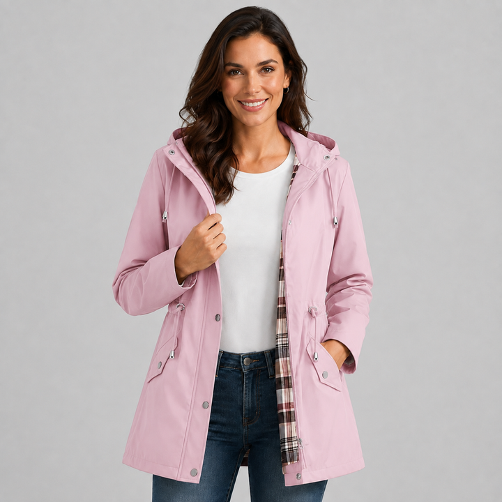 Women's Hooded Rain Jacket with Check Print Lining